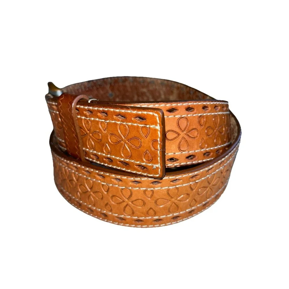 Lauren Ralph Lauren Tooled Brown Leather Belt Flower Pattern Women SZ‎ L 9101304